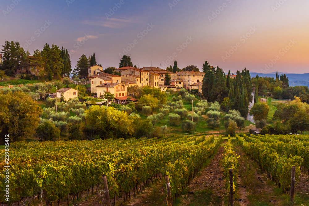 View on Fonterutoli on sunset. It is hamlet of Castellina in Chianti in province of Siena. Tuscany. Italy.