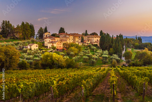 View on Fonterutoli on sunset. It is hamlet of Castellina in Chianti in province of Siena. Tuscany. Italy.