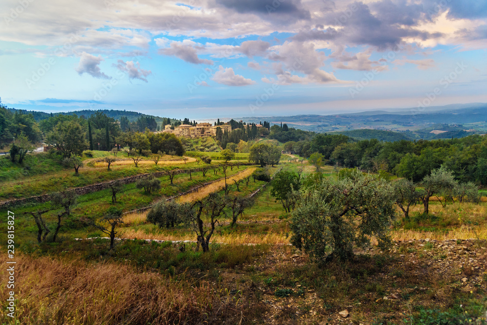 View on Fonterutoli on sunrise. It is hamlet of Castellina in Chianti in province of Siena. Tuscany. Italy.