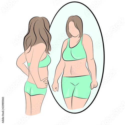 slim girl looks in the mirror and sees himself fat. vector illustration.