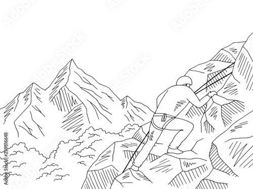 Alpinist climbing a cliff mountain graphic black white landscape sketch illustration vector