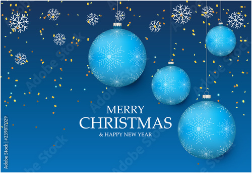 Blue shiny Happy New Year and Merry Christmas card with Christmas balls. Greeting card or festive poster template. Vector background. 