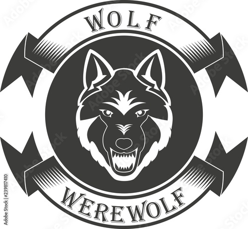 A wolf with a banner and text in black and white for tattoo and sticker. Werewolf