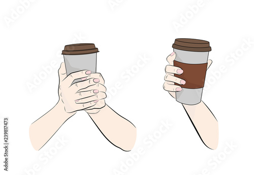 hands holding a glass of coffee. vector illustration.