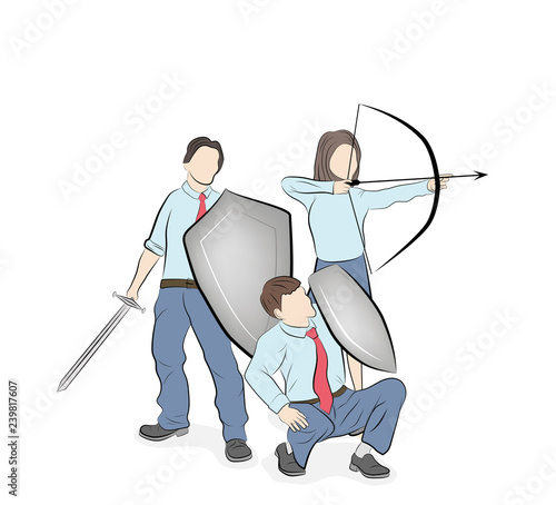 business team reflects attacks. teamwork. business strategy. vector illustration.