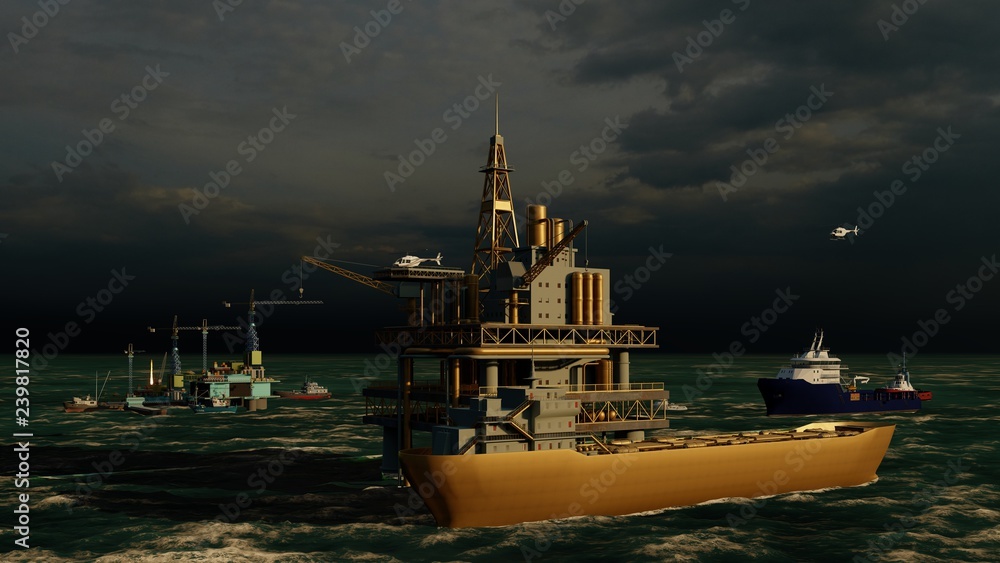 Fototapeta premium Offshore oil and gas rig platform 3d rendering