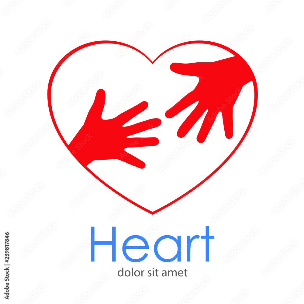 Logotipo abstracto con texto HEART con dos manos en corazón lineal en color rojo Logotipo abstracto con texto HEART con dos manos en corazón lineal en color rojo