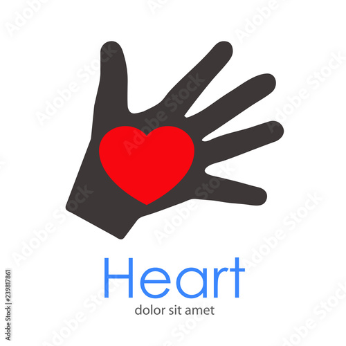 Logotipo abstracto con texto HEART con mano en color gris con corazón en color rojo