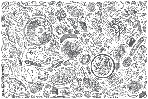 Hand drawn Korean food set doodle vector background