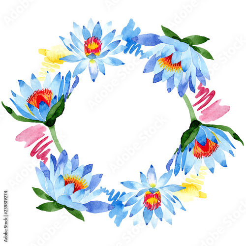 Blue lotus. Floral botanical flower. Frame border ornament square. Watercolor background illustration set.