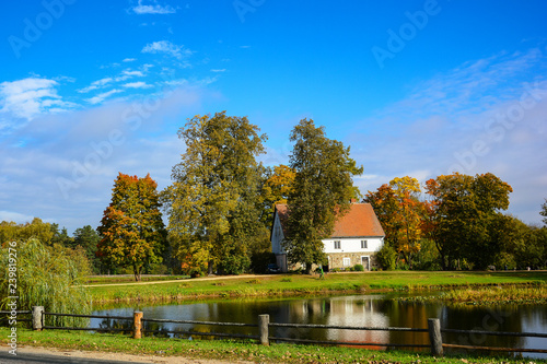 Country estate near the lake and forest, sunny autumn day. Leaf fall landscape.