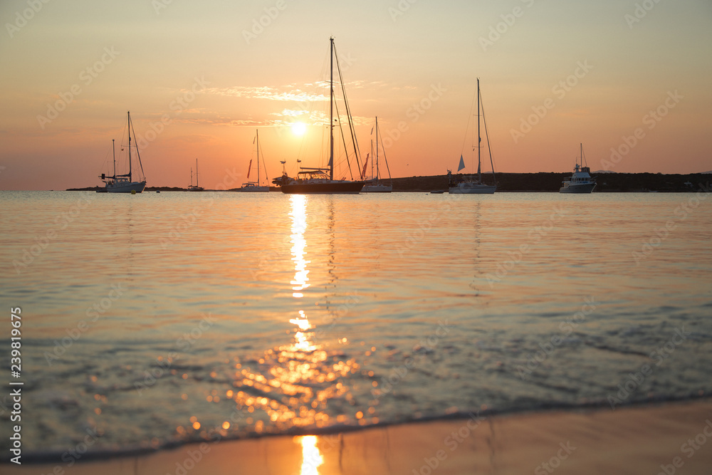  Beautiful sunset and seascape. Sea, yachts, coast.