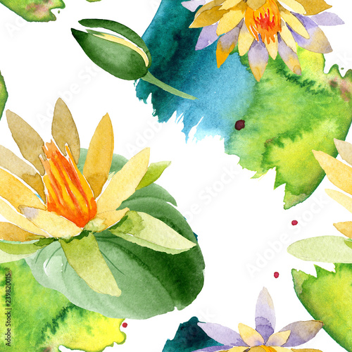 Yellow lotus. Floral botanical flower. Watercolor background illustration set. Seamless background pattern.