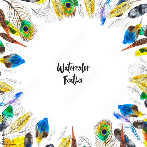 Watercolor frame with colorful feathers on white background