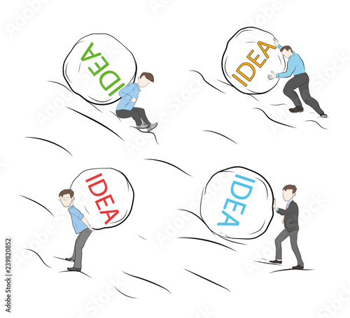 businessmen pushing stones up. inscription on stone IDEA. vector illustration.