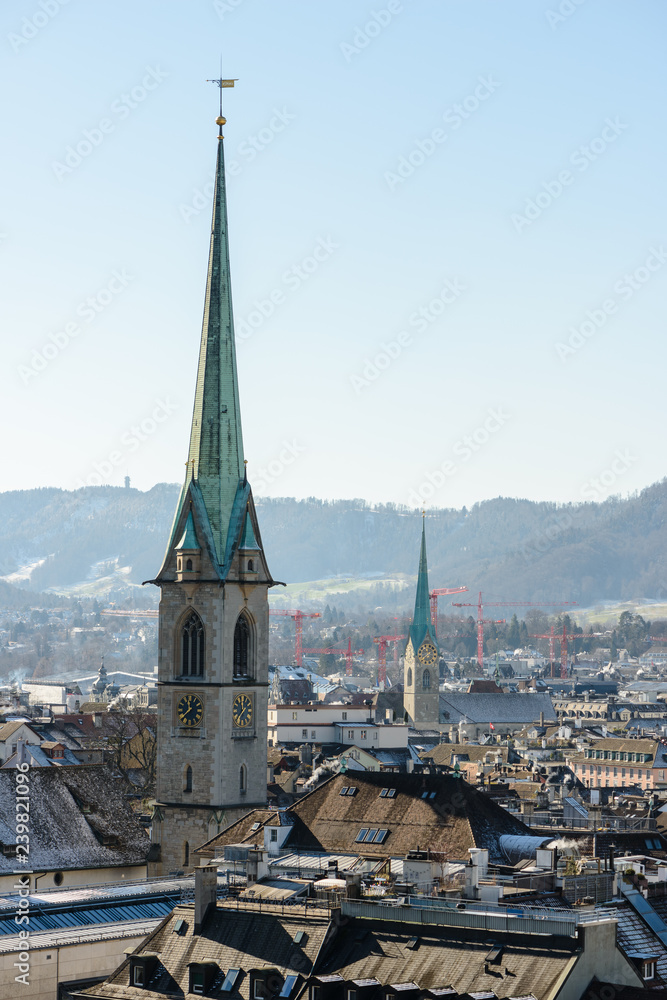 View on Zurich city old town roofs from Polytechnic terrace on a clear winter day, Switzerland