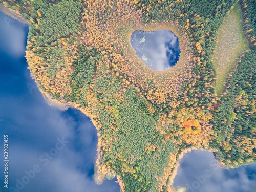 Aerial view of beautiful landscape of Mazury region during autumn season, Kacze Lake, Poland photo