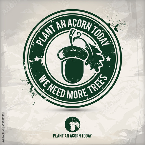 alternative eco friendly acorn stamp containing: two environmentally sound eco motifs in circle frames, grunge ink rubber stamp effect, textured paper background, eps10 vector illustration