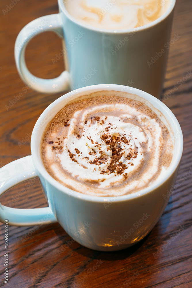Hot cocoa and chocolate in white cup or mug Hot cocoa and chocolate in white cup or mug