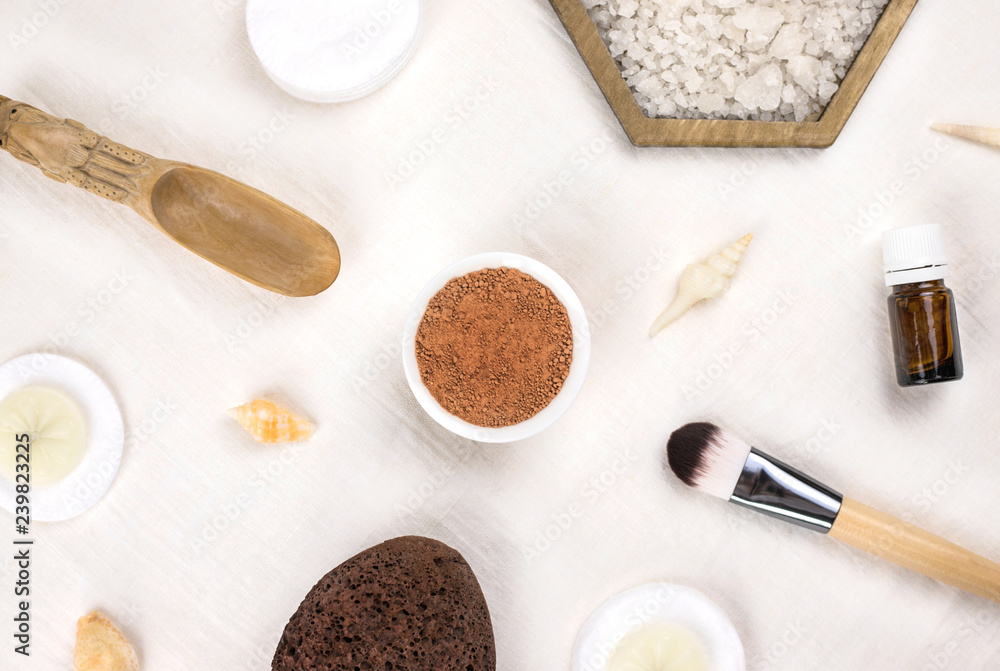 Clay mineral facial water and cosmetic tools.
