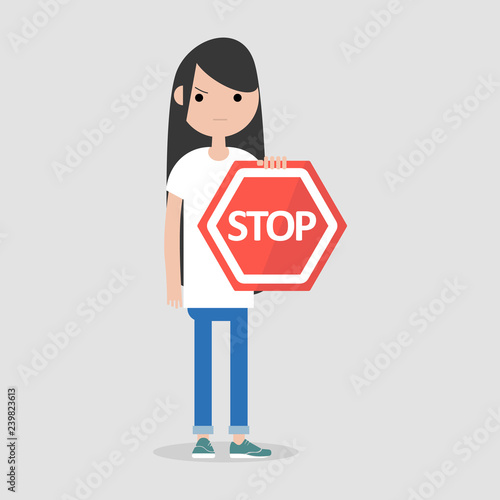Young female character holding a red stop sign. Flat cartoon illustration