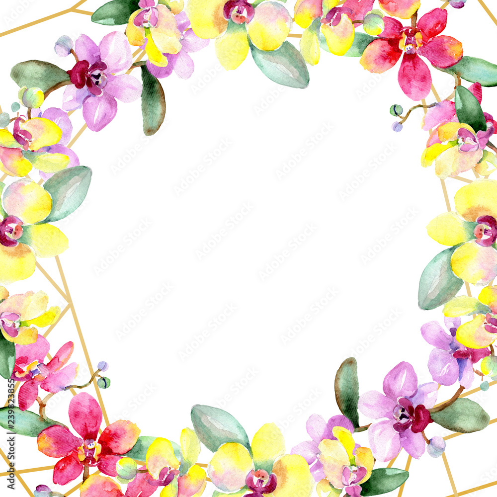 Orchid Floral botanical flower. Watercolor spring leaf wildflower isolated. Frame border ornament square.