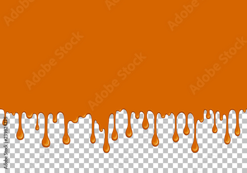 Orange dripping slime seamless pattern. Honey background with copy space. Kids sensory toy vector illustration. Realistic sweet cream isolated element. Flowing caramel sauce. Paint drops and blots.