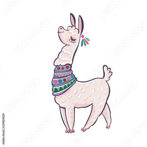 Llama cartoon alpaca. Llama animal vector isolated illustration. Design for card, sticker, fabric textile, t-shirt. Children, child of modern trendy style