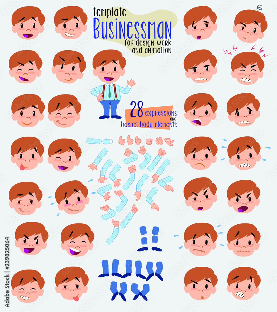 Businessman in casual style. Twenty eight expressions and basics body elements, template for design work and animation. Vector illustration to Isolated and funny cartoon character.