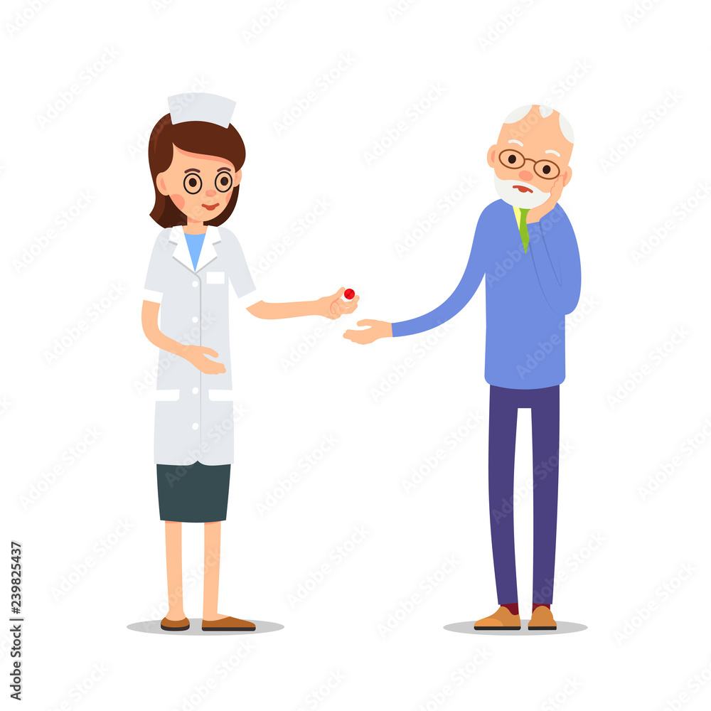 Nurse and patient. Elderly people, man and woman standing next to a doctor and nurse. Elderly woman with a headache. Illustration of people characters isolated on white background in flat style