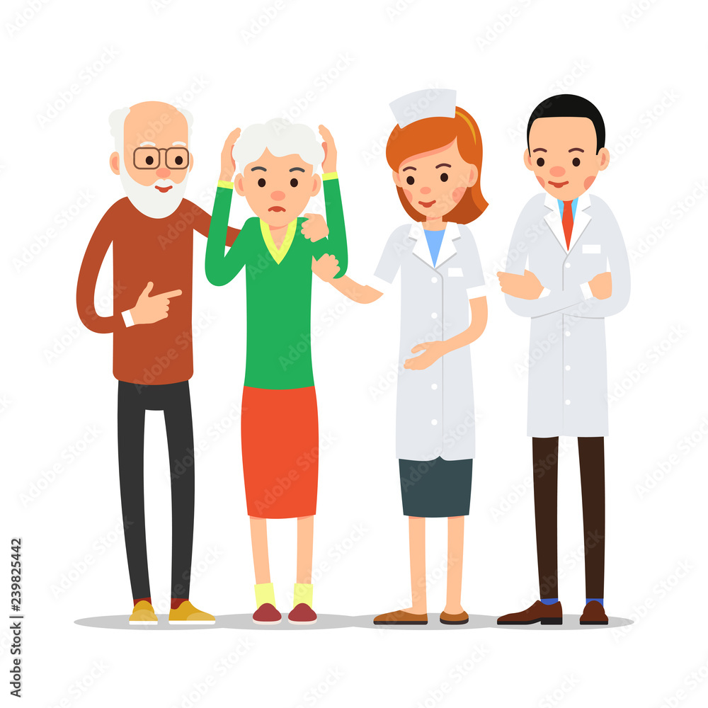 Nurse and patient. Woman doctor gives sick tablet of dental pain. Sick old man keeps her hand behind cheek which hurts. Illustration of people characters isolated on white background in flat style Nurse and patient. Woman doctor gives sick tablet of dental pain. Sick old man keeps her hand behind cheek which hurts. Illustration of people characters isolated on white background in flat style