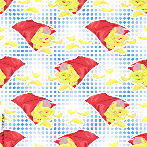 Seamless pattern with potato chips in red packs isolated on pop art background. Vector wallpaper.