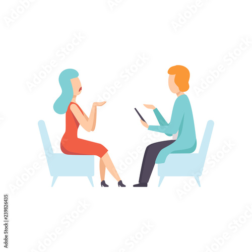 Psychologist counseling woman with psychological problems, psychotherapy, mental disorder vector Illustration