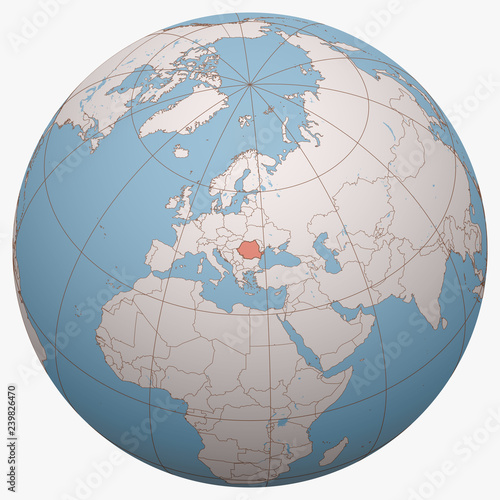 Romania on the globe. Earth hemisphere centered at the location of Romania. Romania map.