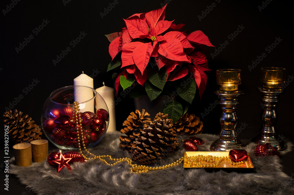 Bodegón de Navidad, con velas, adornos rojos, piñas, flor de Navidad y  candelabros Stock Photo | Adobe Stock