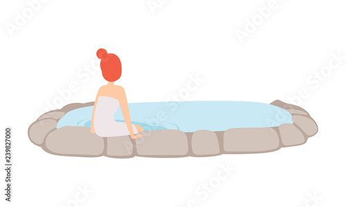Girl enjoying outdoor thermal spring, young woman in a towel relaxing, spa procedure vector Illustration on a white background