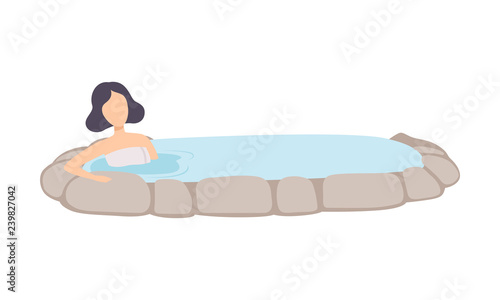 Girl enjoying outdoor thermal spring, young brunette woman relaxing in hot water in bath tub vector Illustration on a white background
