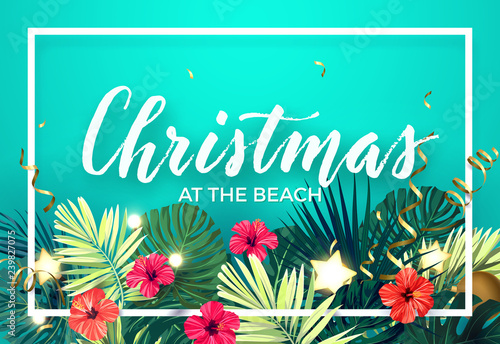 Tropical Christmas on the beach design with monstera palm leaves, hibiscus flowers, gold glowing stars and light bulbs, vector illustration.