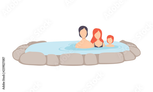 Family enjoying outdoor thermal spring, mother, father, and child relaxing in hot water in bath tub vector Illustration on a white background