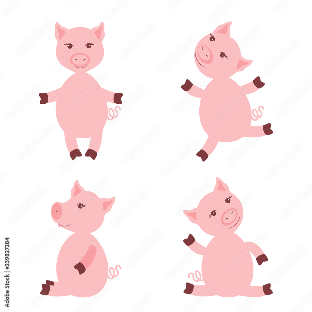 Cartoon cute pink pigs isolated on white background, colorful vector illustration farmer domestic animals, Character design for greeting cards, children invitation, creation of alphabet, baby shower