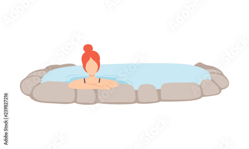 Girl relaxing in hot outdoor thermal spring, young woman enjoying hot water in bath tub vector Illustration on a white background