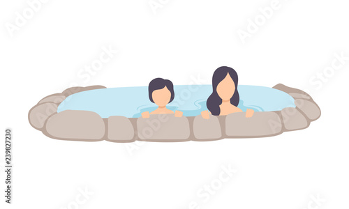Young woman and kid enjoying outdoor thermal spring, mother and her child relaxing in hot water in bath tub vector Illustration on a white background