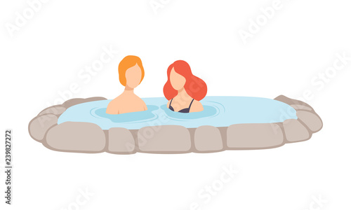 Couple enjoying outdoor thermal spring, young man and woman relaxing in hot water in bath tub vector Illustration on a white background