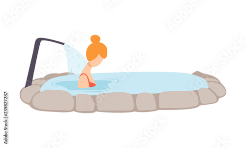 Young woman enjoying spa massage in thermal spring, girl relaxing in hot water in bath tub vector Illustration on a white background