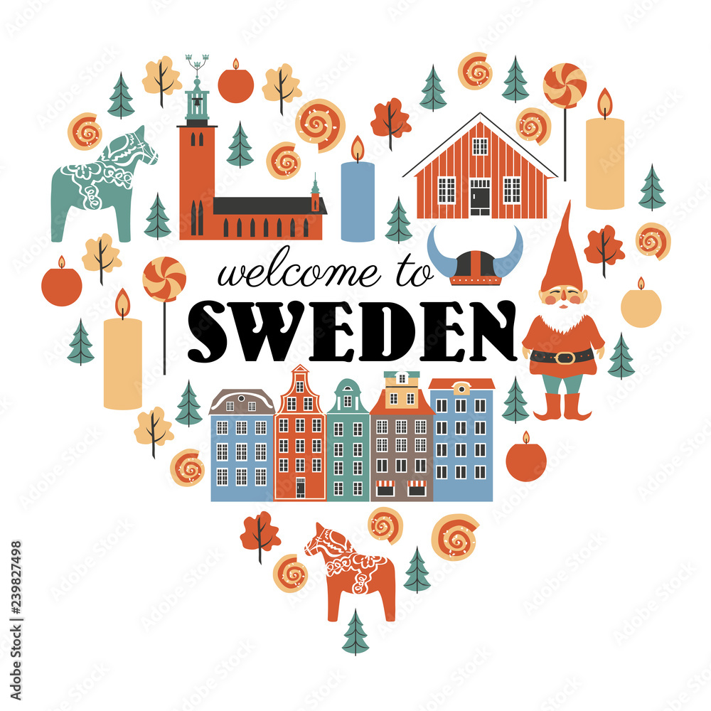Swedish vector traditional symbols in heart shape, lamdmark City Hall of Stockholm, Gamla Stan, Tomtar elf, Dalarna horse, red house, cinnamon roll isolated on white, decorative frame flat style