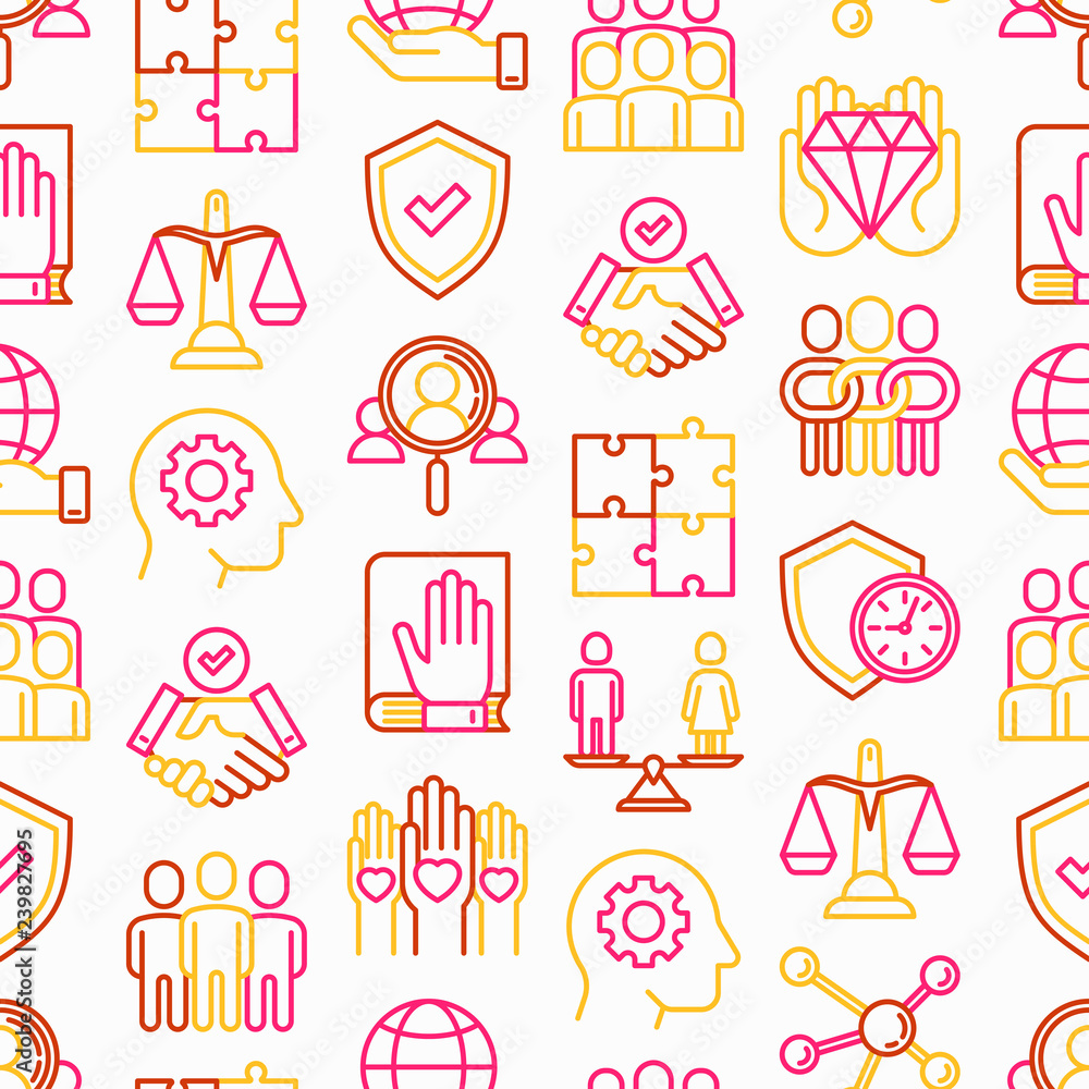 Business ethics seamless pattern with thin line icons: connection, union, trust, honesty, responsibility, justice, commitment, no to racism, gender employment, core values. Vector illustration. Business ethics seamless pattern with thin line icons: connection, union, trust, honesty, responsibility, justice, commitment, no to racism, gender employment, core values. Vector illustration.