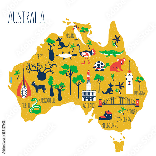 Australia cartoon travel map vector illustration, landmark Perth bell tower, Harbour Bridge of Sydney, Old Windmill Brisbane, Captain Cooks Cottage of Melbourne, Town Hall Adelaide, wild animal symbol