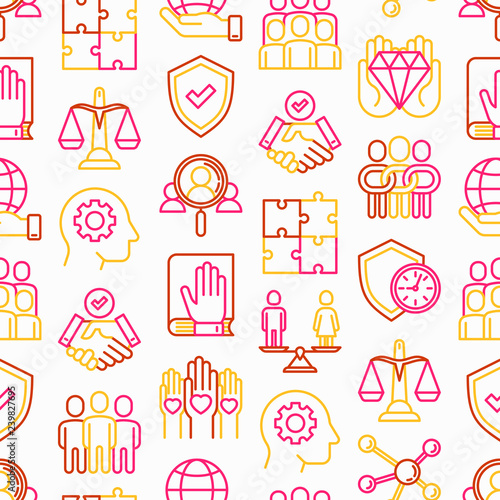 Business ethics seamless pattern with thin line icons: connection, union, trust, honesty, responsibility, justice, commitment, no to racism, gender employment, core values. Vector illustration.