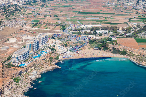 Aerial view of Golden bay beach, Ghajn Tuffieha bay. Mellieha (Il-Mellieħa), Northern Region, Malta island. Malta from above. photo