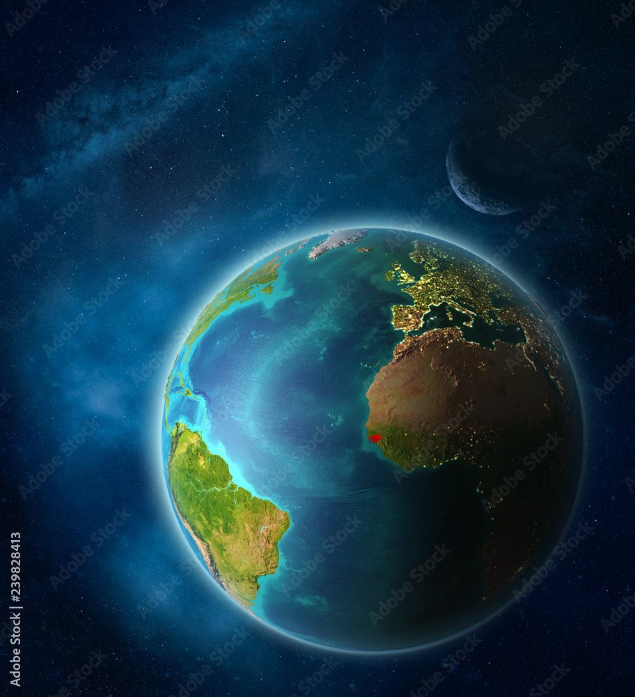 Guinea-Bissau from space on planet Earth in space with Moon and Milky Way. Extremely fine detail of planet surface. Guinea-Bissau from space on planet Earth in space with Moon and Milky Way. Extremely fine detail of planet surface.